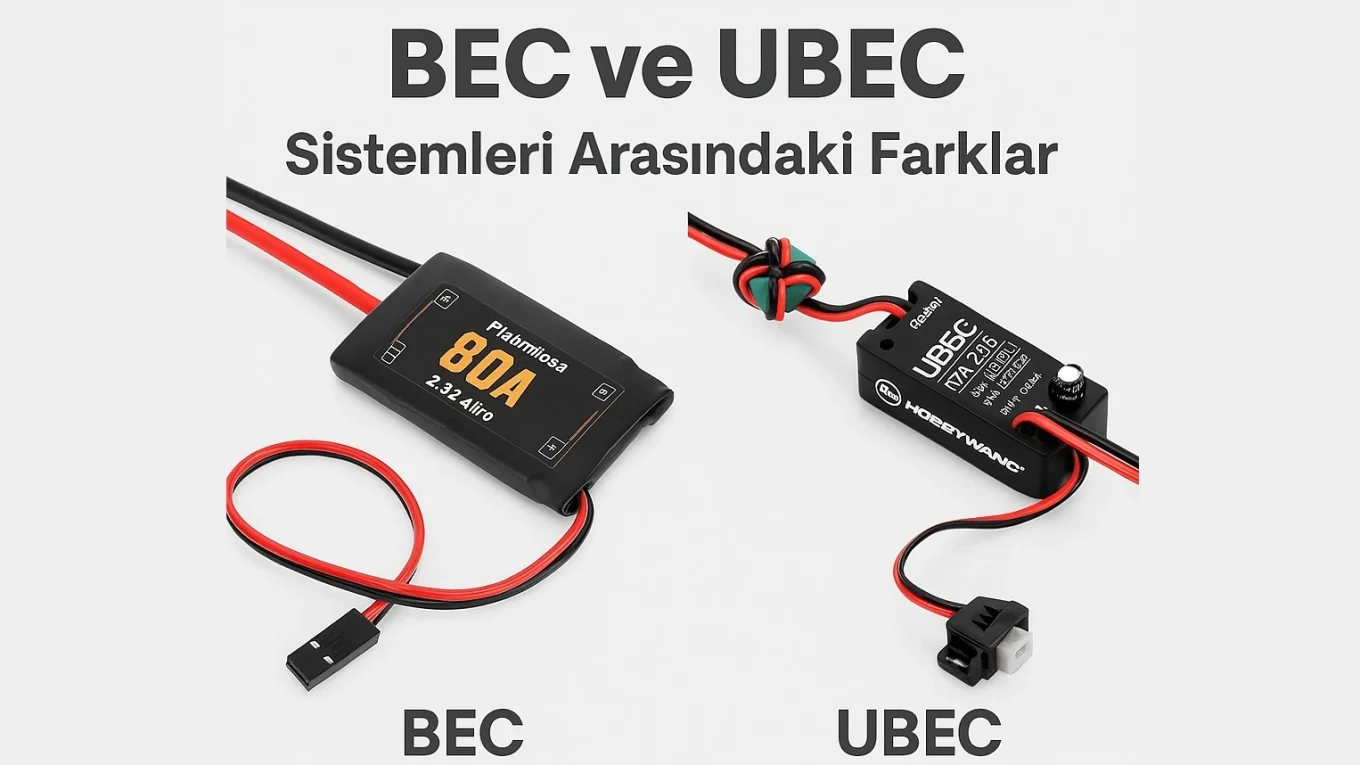 BEC ve UBEC bileşenlerini karşılaştıran, RC elektronik sistemleri için hazırlanmış dijital açıklayıcı grafik.