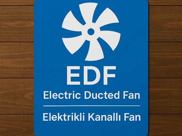 Ahşap zemin üzerinde mavi renkli bir tabela; üst kısmında beyaz fan simgesi, altında "EDF – Electric Ducted Fan – Elektrikli Kanallı Fan" yazısı yer alıyor.