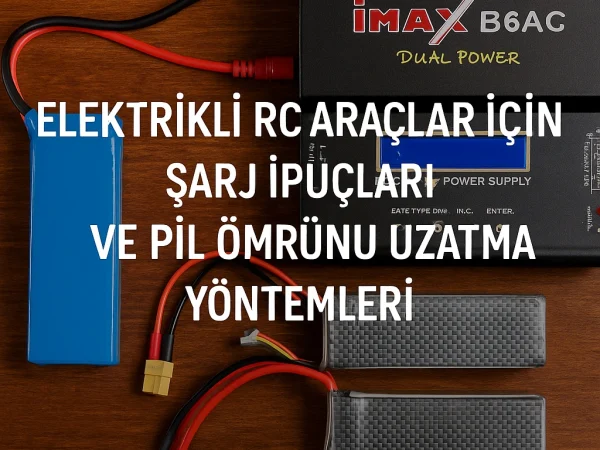 Ahşap yüzey üzerine yerleştirilmiş LiPo batarya, akıllı şarj cihazı ve XT60 konnektör detaylı RC şarj setup görseli.