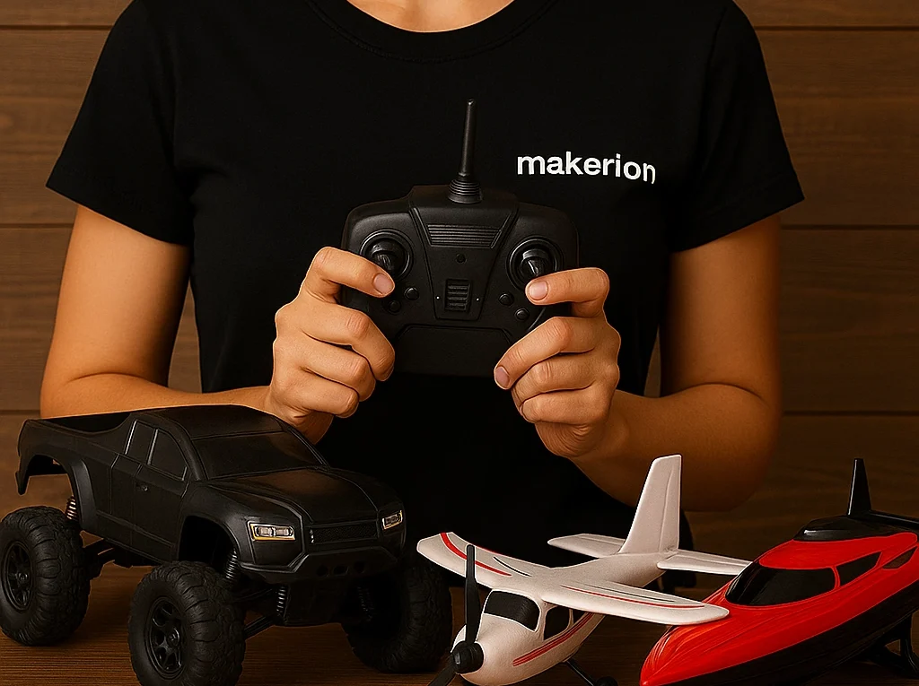 Ahşap arka plan önünde, siyah "makerion" tişört giyen ve yüzü görünmeyen bir kadın, ellerinde RC hobi ekipmanları tutuyor.