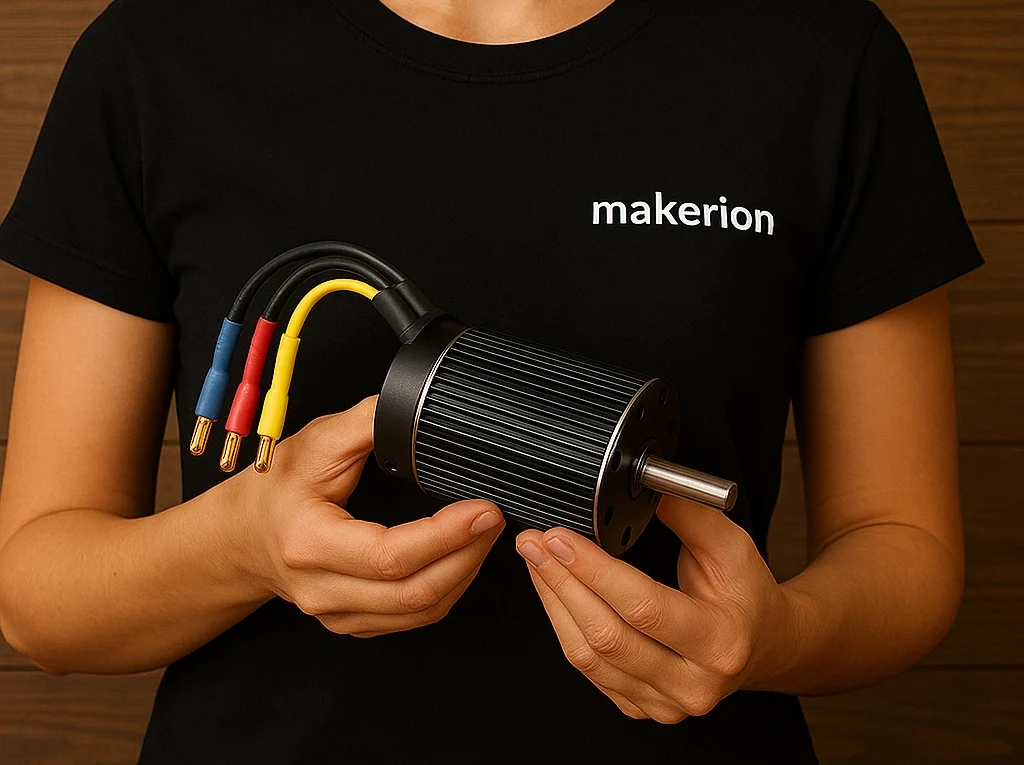 Siyah "makerion" tişört giyen bir kadın, elinde renkli kablolu büyük bir RC elektrik motoru tutuyor; arka planda ahşap panel zemin var.