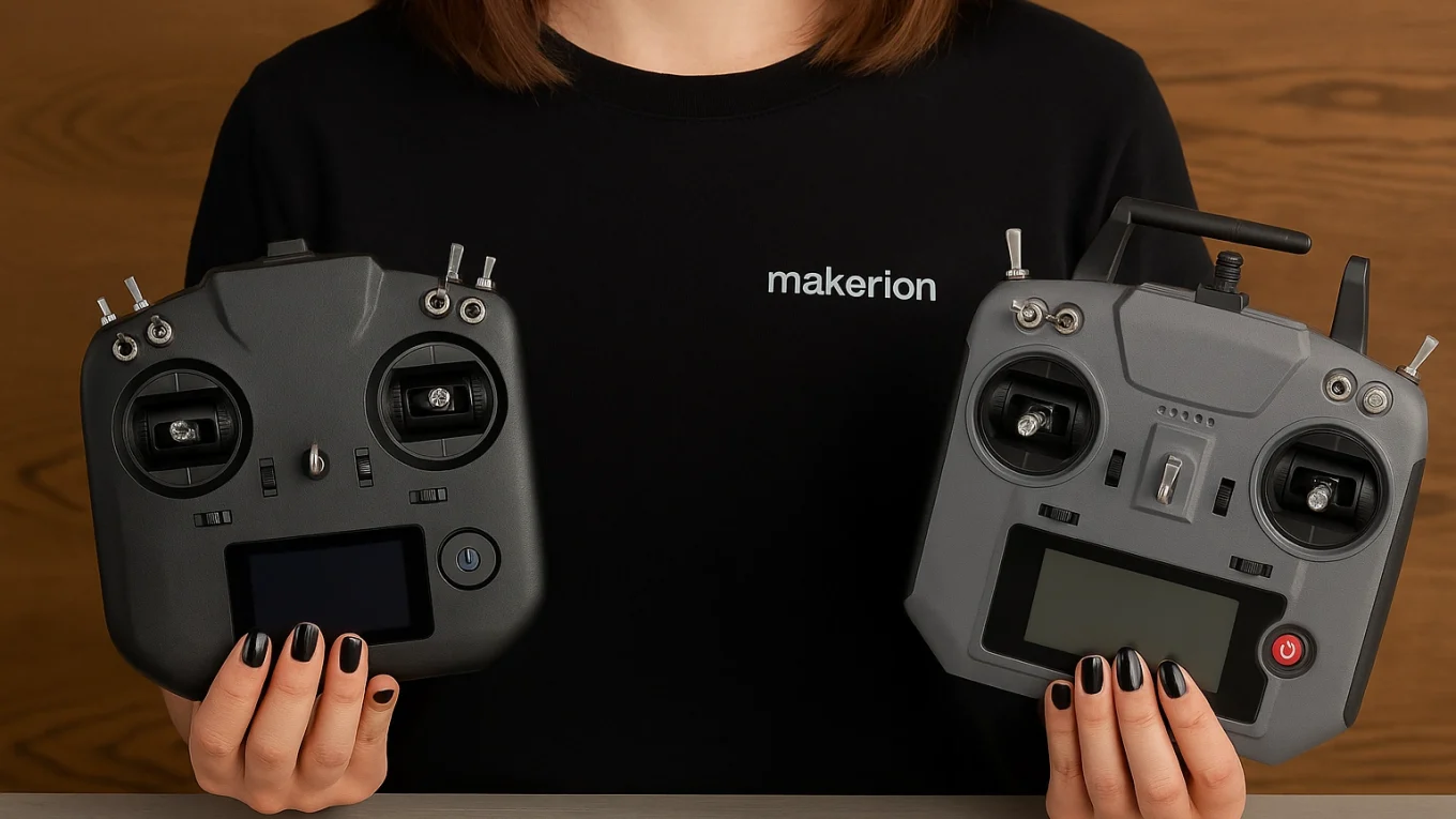 Bir kadın, ahşap masa arkasında otururken elleriyle iki farklı RC uzaktan kumanda tutuyor; parmakları siyah oje ile boyanmış.