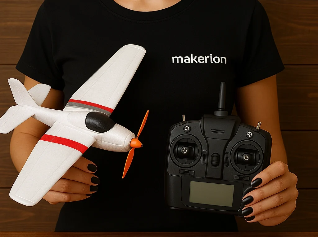 Ahşap arka plan önünde, siyah ojeli tırnaklara sahip bir kadın, siyah "makerion" tişört giyerek ellerinde bir RC uçak tutuyor.