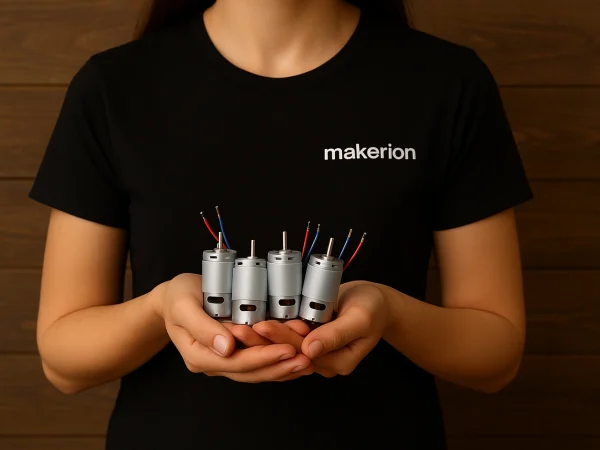Ahşap zemin önünde siyah “makerion” tişörtlü bir kadın, masa üzerinde yatay hizalanmış beş adet RS380 DC motorla birlikte görülüyor.