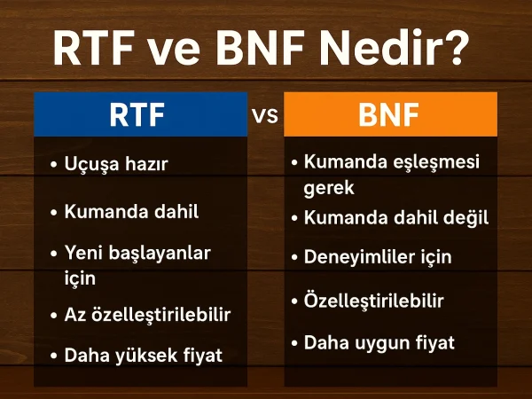 Ahşap zemin üzerinde, RTF ve BNF kavramlarının Türkçe karşılaştırmasını içeren iki sütunlu bilgi tablosu; sol tarafta mavi renkli RTF, sağda turuncu renkli BNF başlığı bulunuyor.