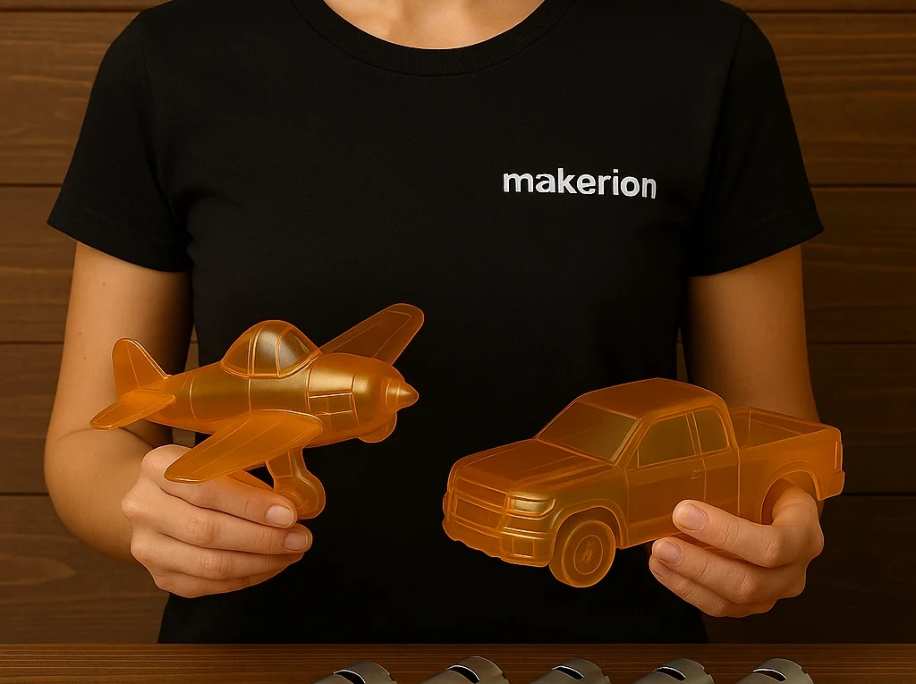 Ahşap zemin önünde, siyah “makerion” tişört giyen ve yüzü görünmeyen bir kadın, her iki elinde yapay zeka destekli RC sistem bileşenlerini tutuyor.