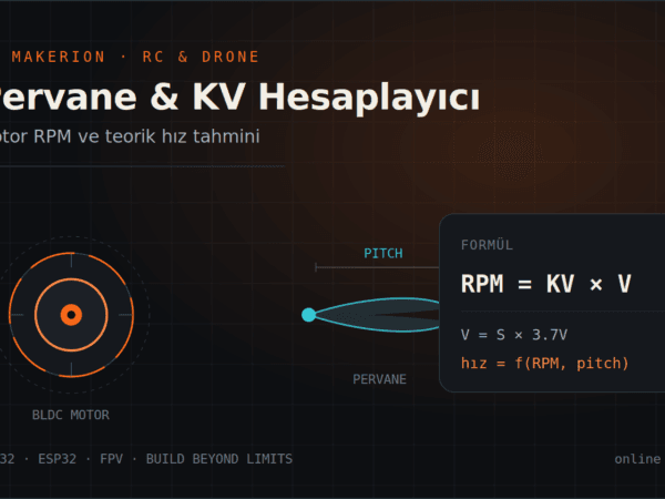 Fırçasız BLDC motor, pervane ve pitch ölçüsü ile RPM = KV × Voltaj formülünü gösteren Makerion pervane ve KV hesaplayıcı teknik şeması
